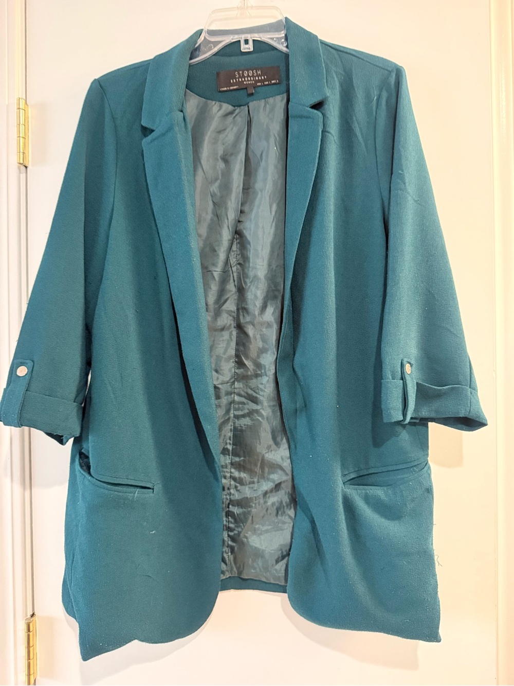 Stoosh Teal Open-Front Blazer with Roll-Tab Sleeves
